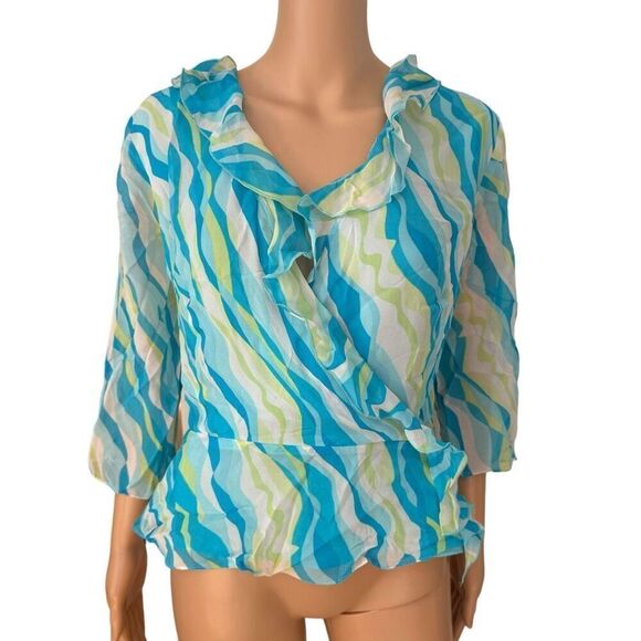 Chadwicks Blouse Size 8 Mock Wrap Ruffled 100% Silk Dressy Top High Energy Print - Picture 1 of 7